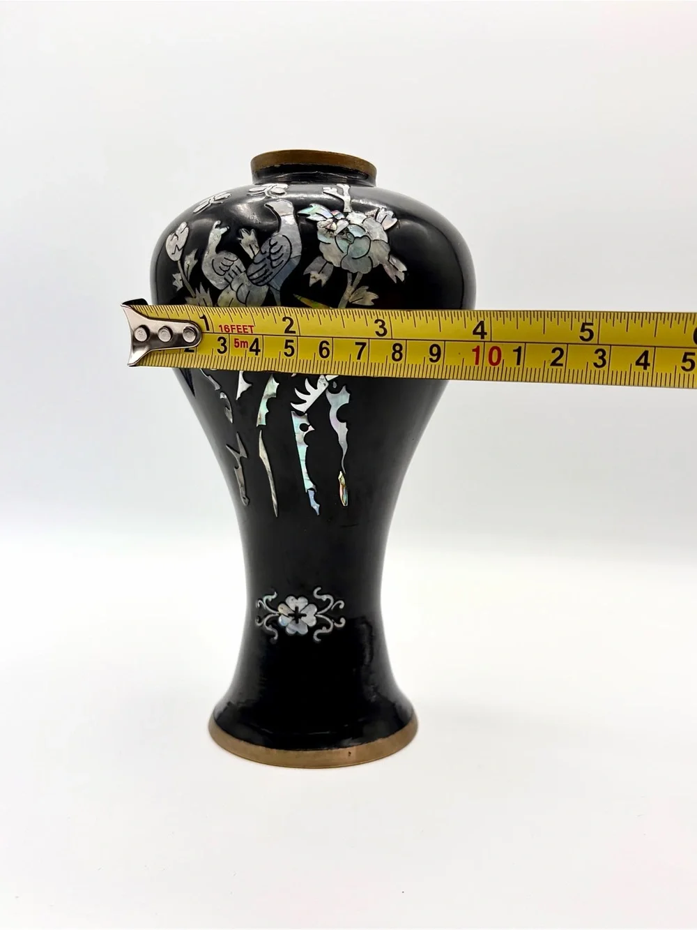 Vintage Black Peacock & Floral Mother of Pearl Inlay Vase - Korean